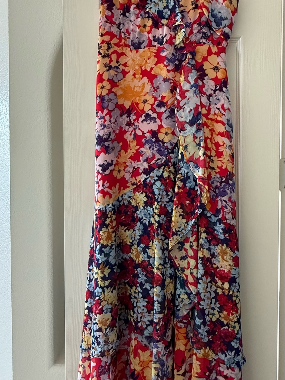 Lulus - Radiant Ruby Red Floral Print Chiffon Maxi Dress